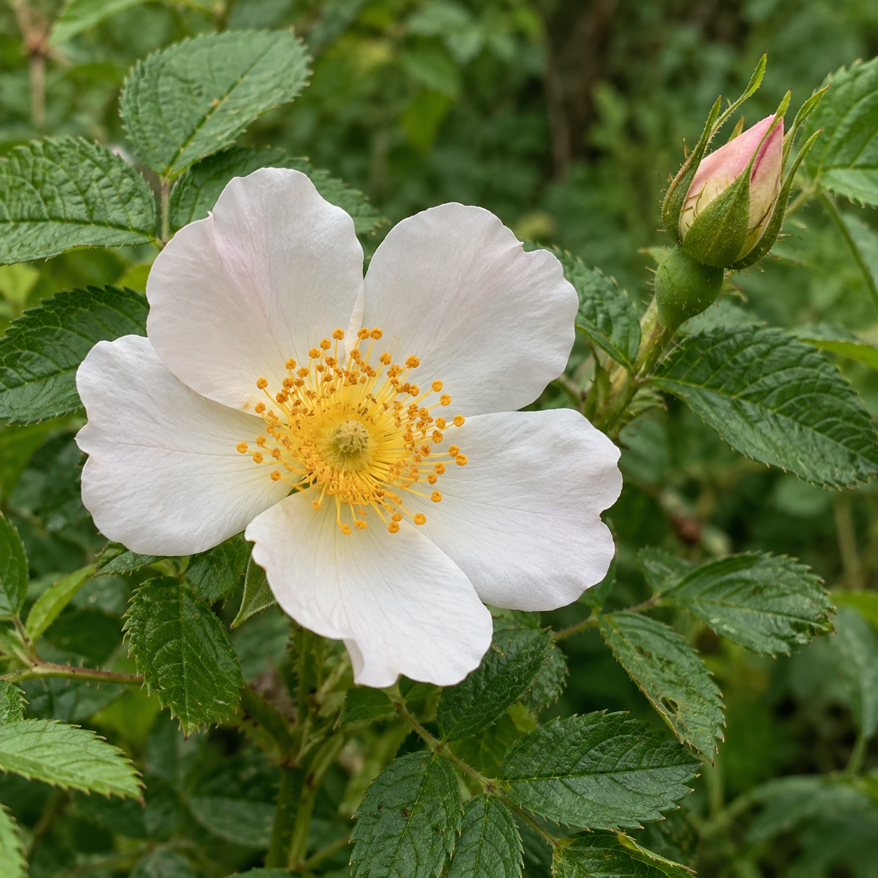 Dog rose flower with visible leaves and bud