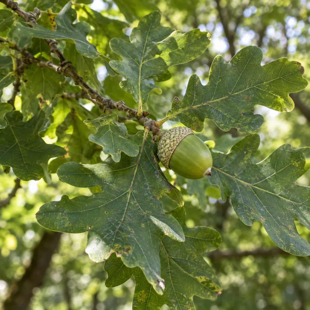 An acorn and rounded-lobed leaves attached to an oak twig, showing their shared branch context